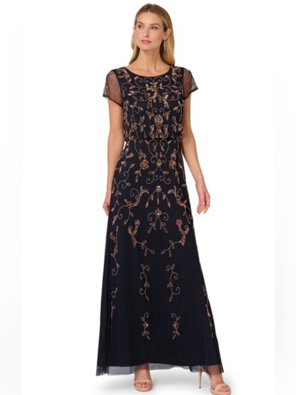 NWT Adrianna Papell Beaded Mesh Godet Navy Rose Gold Long Formal Gown Size 4